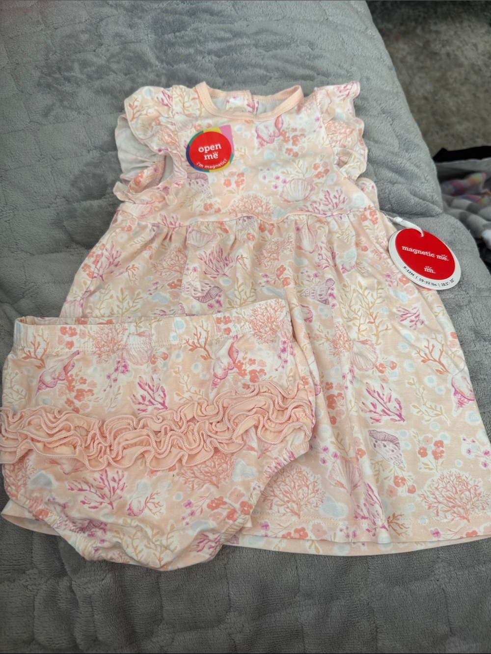 Magnetic Me Peach Coral Reef Print Dress & Ruffle Bloomers 9-12 months